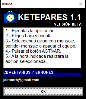 Ketepares 1.1b help window with the five steps and the original contact address
