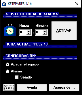 Ketepares 1.1b main window, from 2004: alarm time, current time, settings with Shut down the computer, Alarm and Sound, and the Exit, Help and About buttons