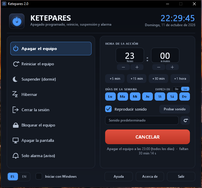 Armed schedule: CANCEL button and time left