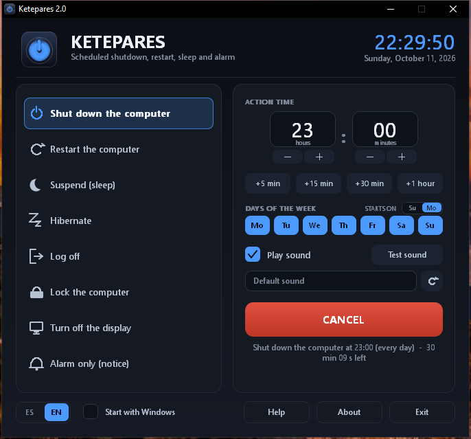 Ketepares 2.0.1 main window: list of actions on the left, time, days of the week, sound and the ACTIVATE button on the right
