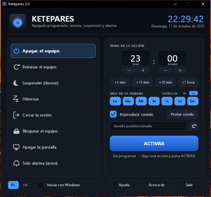 Ventana principal de Ketepares 2.0.1: lista de acciones a la izquierda, hora, días de la semana, sonido y botón ACTIVAR a la derecha