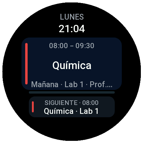 Vista «Ahora» en el reloj: clase en curso y la siguiente