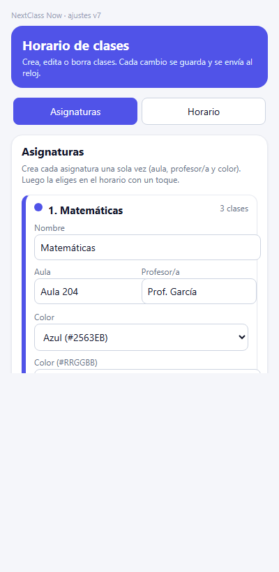 Ajustes en el móvil · pestaña Asignaturas