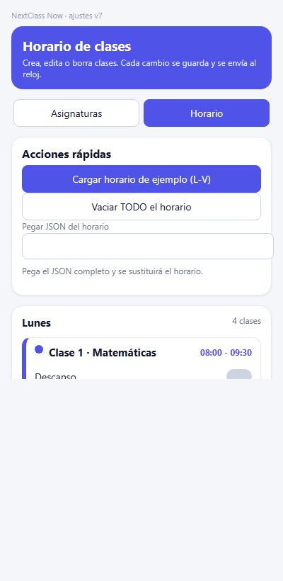 Ajustes en el móvil · pestaña Horario